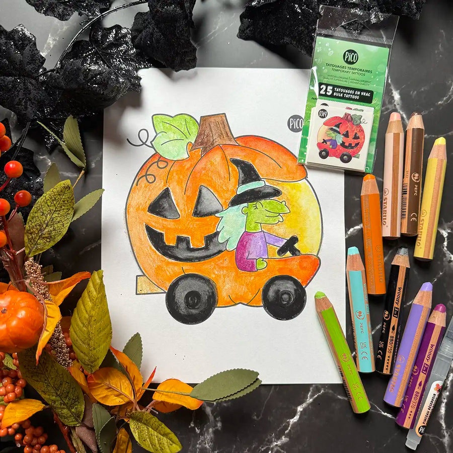 Coloriage gratuit - Citrouille mobile - Coloriage PiCO Tatoo - Free coloring - Pumpkin on wheels - Pico coloring