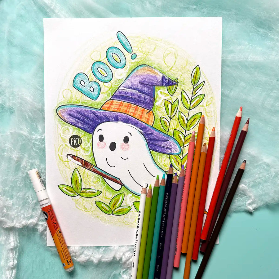 Coloriage gratuit - Fantome sur son balai - Coloriage PiCO Tatoo - Free coloring - Broomstick ghost- Pico coloring