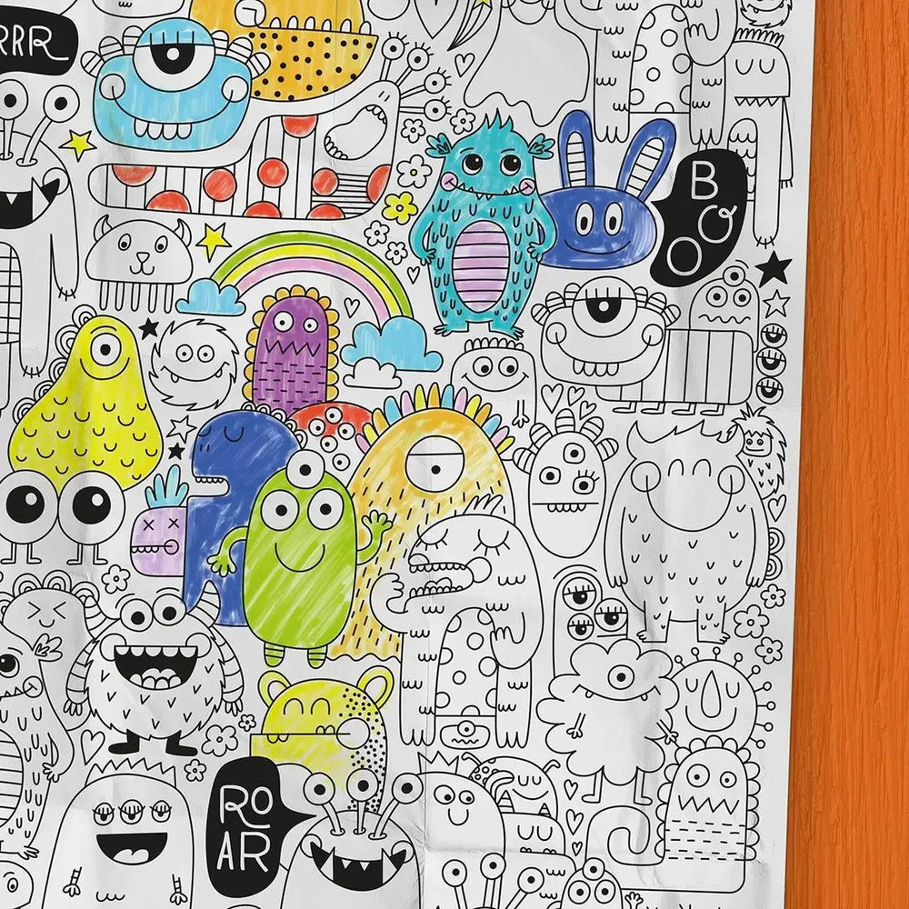 Coloriage géant des monstres créé par PiCO Tatouages temporaires. Affiche géante à colorier. Dessins créés et imprimés au Québec. Monstres sympathiques de tous les genres. /  Giant monster coloring poster created by PiCO Temporary Tattoos. Giant coloring poster. Designs created and printed in Canada. Friendly monsters of all kinds.