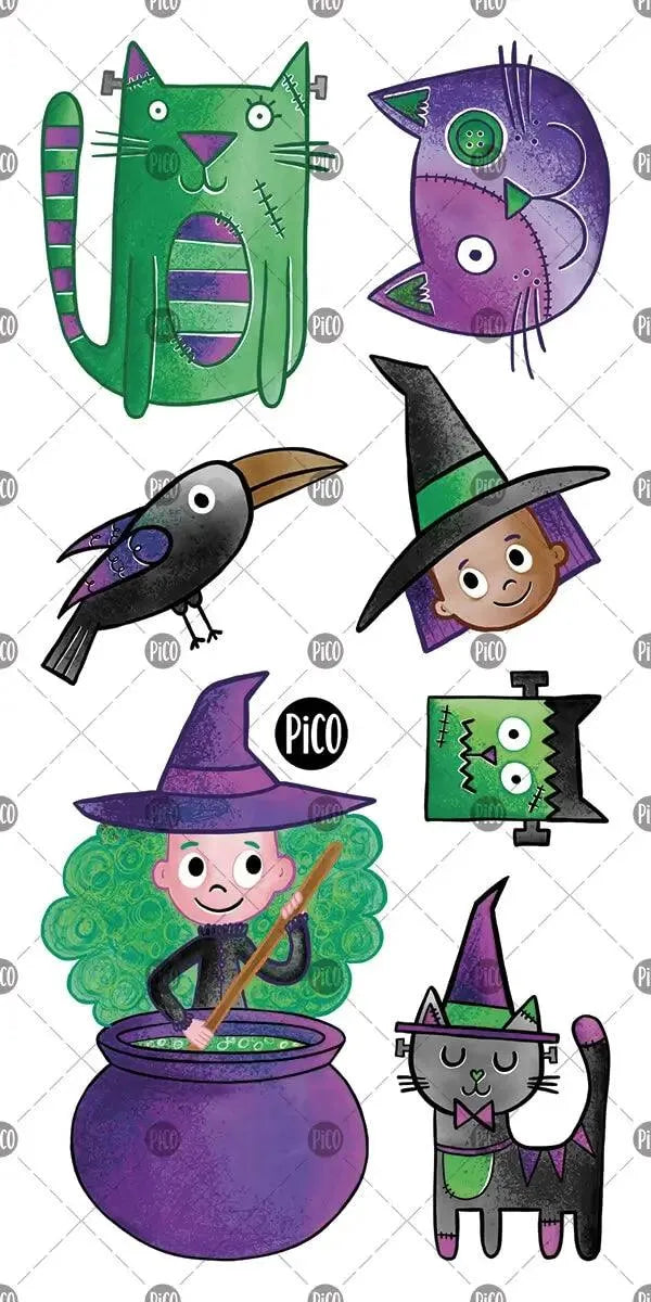 Tatouages temporaires Frankenchat et les sorcières par PiCO Tatouages temporaires. Design réalisé au Québec / Frankencat and the witches temporary tattoos by PiCO Temporary Tattoos. Design made in Canada.