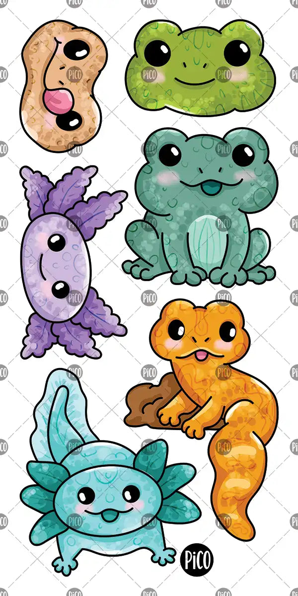 Tatouage temporaire pour enfant représentant un axolotl rose et une grenouille verte colorée / Temporary tattoo for children featuring a pink axolotl and a colorful green frog