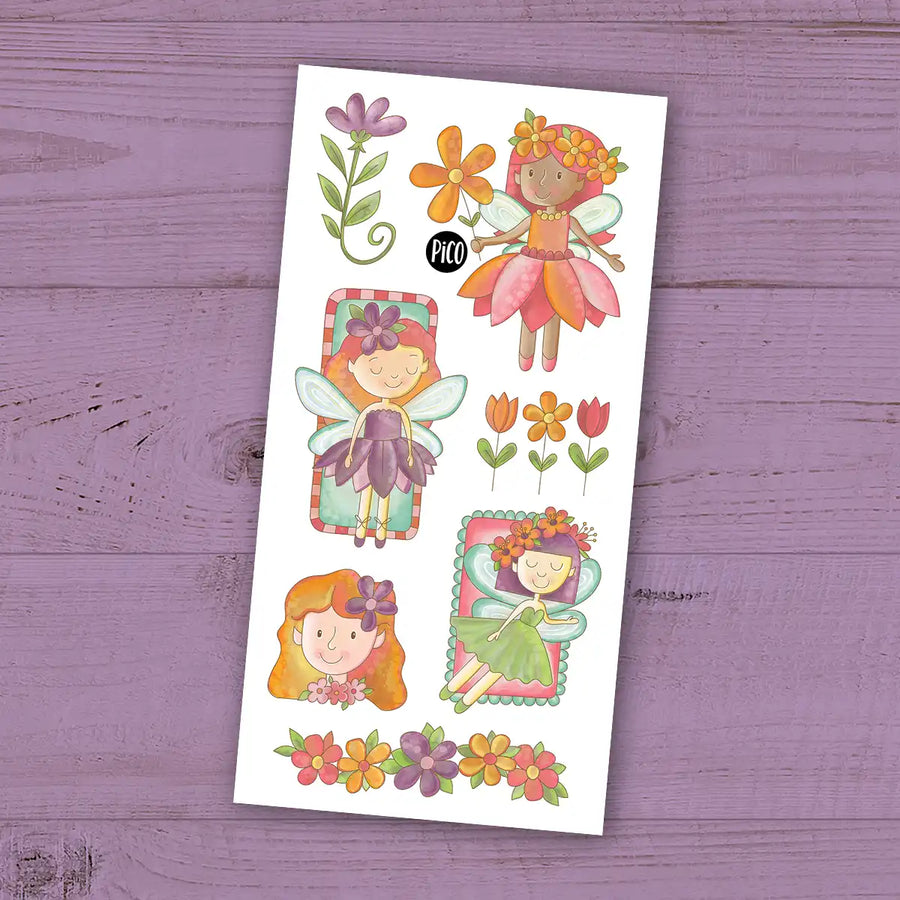 Tatouages temporaires pour enfants, fées enchantées avec ailes, étoiles et fleurs, couleurs pastel et dorées / Children's temporary tattoos, enchanted fairies with wings, stars and flowers, pastel and gold colors