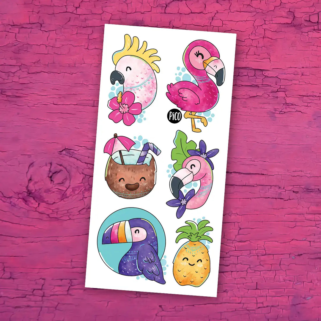 Tatouages temporaires flamants roses et perroquets pour enfants, motifs tropicaux colorés / Flamingo and parrot temporary tattoos for kids, colorful tropical designs