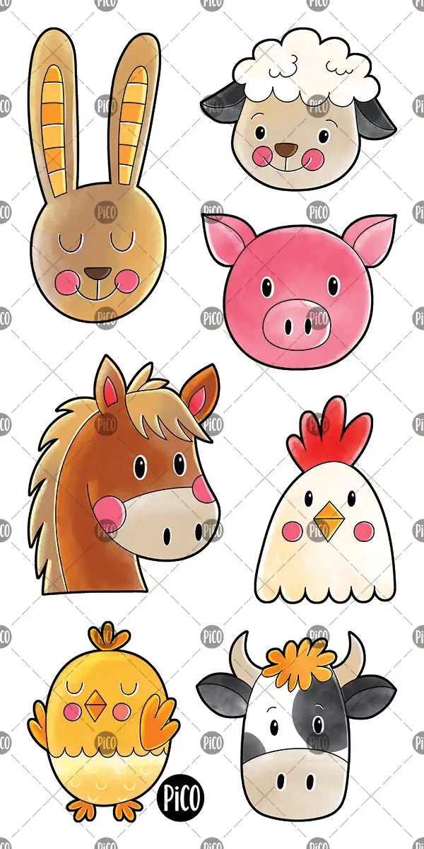 Tatouages temporaires pour enfants illustrant des animaux de la ferme, dont un lapin, un mouton, un cochon, un cheval, une poule et une vache, aux couleurs vives sur fond blanc.

Temporary tattoos for children featuring farm animals, including a rabbit, sheep, pig, horse, hen and cow, in bright colors on a white background.