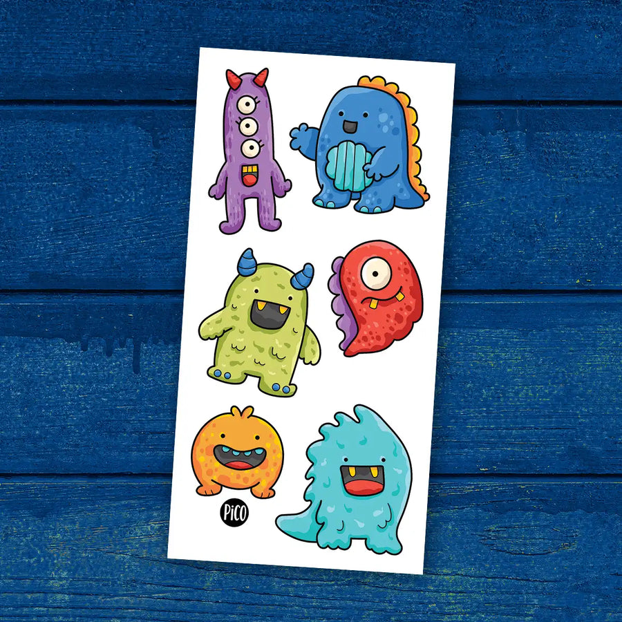 Tatouages temporaires pour enfants, monstres coquins colorés et amusants .Funny colorful monster temporary tattoos for kids.
Tatouages temporaires pour enfants, monstres coquins colorés et amusants Funny colorful monster temporary tattoos for kids