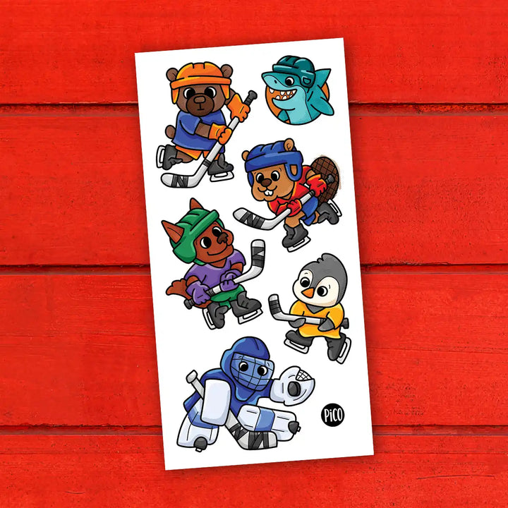 Tatouages temporaires joueurs de hockey animaux colorés pour enfants.

Colorful animal hockey player temporary tattoos for kids.