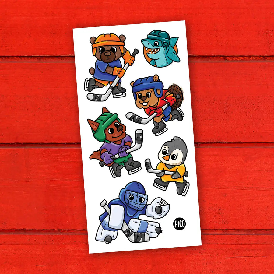 Tatouages temporaires joueurs de hockey animaux colorés pour enfants.

Colorful animal hockey player temporary tattoos for kids.