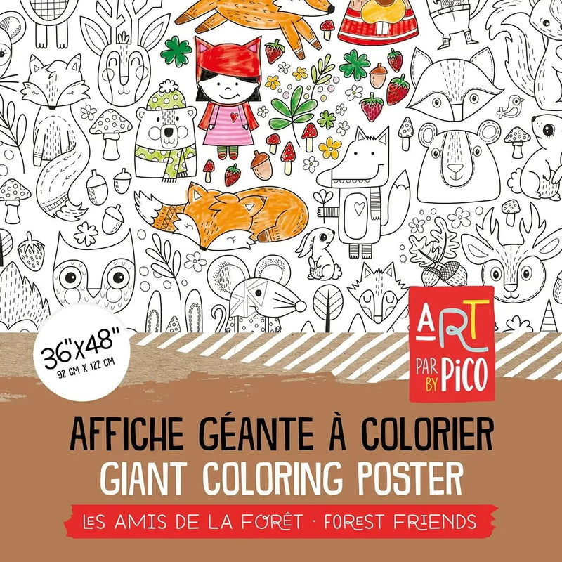 Coloriage géant les animaux de la forêt, créé par PiCO Tatouages temporaires. Affiche géante à colorier. Dessins créés et imprimés au Québec. Renards, castor, renne, champignons, souris, ours et autres dessins sympathiques. / Forest friends giant coloring poster, created by PiCO Temporary Tattoos. Giant coloring poster. Designs created and printed in Canada. Foxes, beavers, reindeer, mushrooms, mice, bears and more.