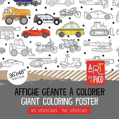 Coloriage géant les véhicules, créé par PiCO Tatouages temporaires. Affiche géante à colorier. Dessins créés et imprimés au Québec. Camions de pompiers, police, voiture, moto, et autres véhicules qui roulent. /  Giant coloring poster with vehicles, created by PiCO Temporary Tattoos. Giant coloring poster. Designs created and printed in Canada. Fire trucks, police, cars, motorcycles and other vehicles on wheels.