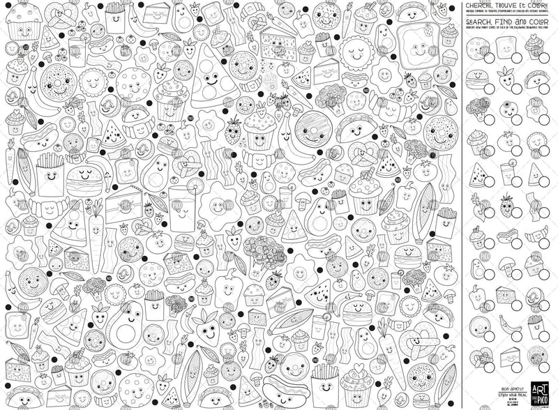 Coloriage géant de cherche et trouve de nourriture, créé par PiCO Tatouages temporaires. Affiche géante à colorier. Dessins créés et imprimés au Québec. Croissants, muffins, fruits, pizza et / Giant food search and find coloring poster, created by PiCO Temporary Tattoos. Giant coloring poster. Designs created and printed in Canada. Croissants, muffins, fruit, pizza and other delicacies.