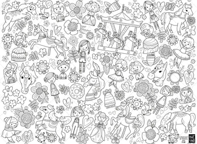 Coloriage géant des princesses créé par PiCO Tatouages temporaires. Affiche géante à colorier. Dessins créés et imprimés au Québec. Princesses, carrousels, fées, fleurs et autres dessins délicats. / Giant princess coloring poster created by PiCO Temporary Tattoos. Giant coloring poster. Designs created and printed in Canada. Princesses, carousels, fairies, flowers and other delicate designs.