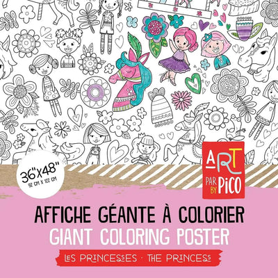 Coloriage géant des princesses créé par PiCO Tatouages temporaires. Affiche géante à colorier. Dessins créés et imprimés au Québec. Princesses, carrousels, fées, fleurs et autres dessins délicats. / Giant princess coloring poster created by PiCO Temporary Tattoos. Giant coloring poster. Designs created and printed in Canada. Princesses, carousels, fairies, flowers and other delicate designs.