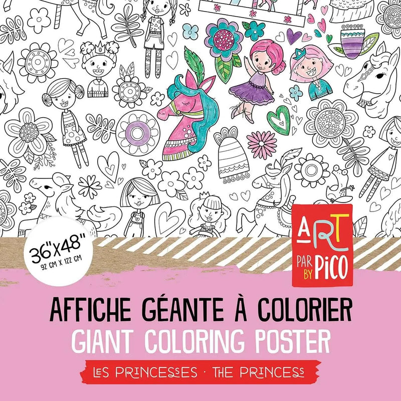 Coloriage géant des princesses créé par PiCO Tatouages temporaires. Affiche géante à colorier. Dessins créés et imprimés au Québec. Princesses, carrousels, fées, fleurs et autres dessins délicats. / Giant princess coloring poster created by PiCO Temporary Tattoos. Giant coloring poster. Designs created and printed in Canada. Princesses, carousels, fairies, flowers and other delicate designs.