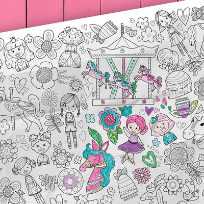 Coloriage géant des princesses créé par PiCO Tatouages temporaires. Affiche géante à colorier. Dessins créés et imprimés au Québec. Princesses, carrousels, fées, fleurs et autres dessins délicats. / Giant princess coloring poster created by PiCO Temporary Tattoos. Giant coloring poster. Designs created and printed in Canada. Princesses, carousels, fairies, flowers and other delicate designs.