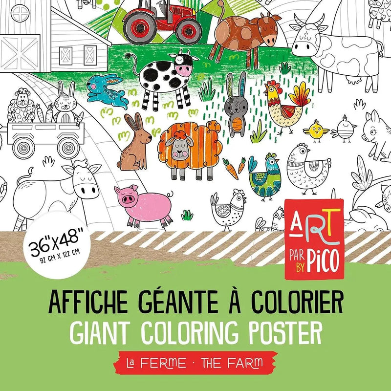 Coloriage géant des de la ferme créé par PiCO Tatouages temporaires. Affiche géante à colorier. Dessins créés et imprimés au Québec. Ferme, tracterus, vaches, cochons, lapins et autres petits animaux. / Giant farm coloring created by PiCO Temporary Tattoos. Giant coloring poster. Designs created and printed in Canada. Farm, tractors, cows, pigs, rabbits and other small animals.