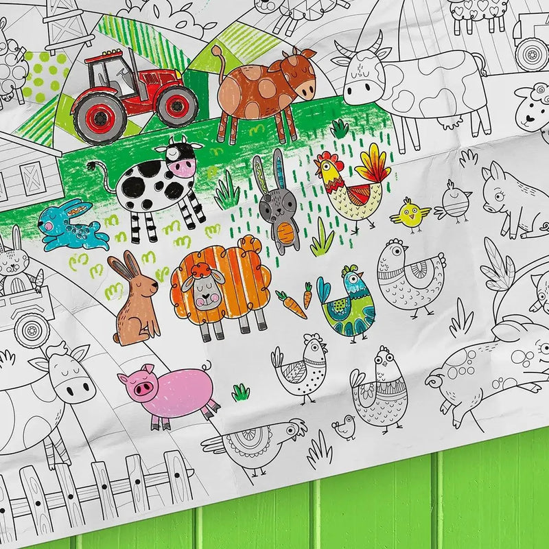 Coloriage géant des de la ferme créé par PiCO Tatouages temporaires. Affiche géante à colorier. Dessins créés et imprimés au Québec. Ferme, tracterus, vaches, cochons, lapins et autres petits animaux. / Giant farm coloring created by PiCO Temporary Tattoos. Giant coloring poster. Designs created and printed in Canada. Farm, tractors, cows, pigs, rabbits and other small animals.