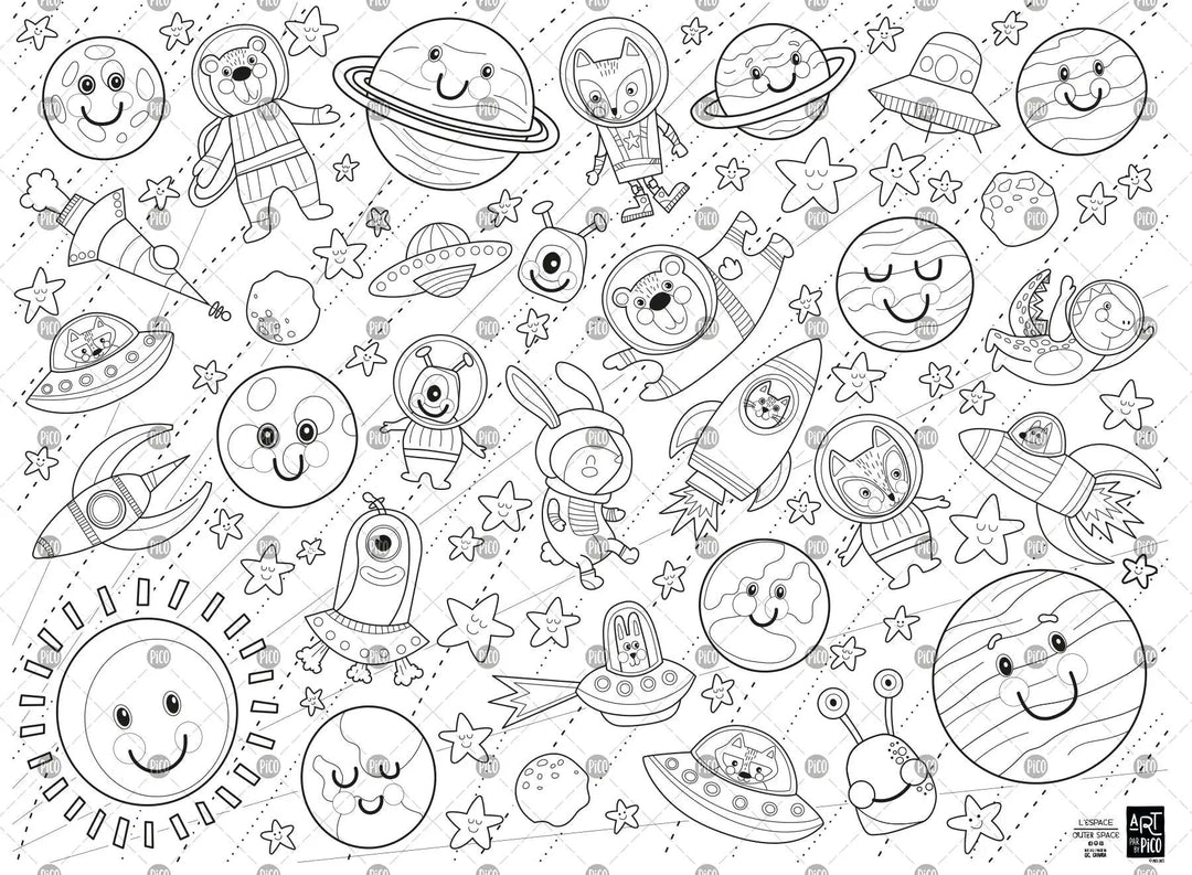 Coloriage géant de l'espace créé par PiCO Tatouages temporaires. Affiche géante à colorier. Dessins créés et imprimés au Québec. Planètes, étoiles, astronautes. / Giant space coloring poster created by PiCO Temporary Tattoos. Giant coloring poster. Designs created and printed in Canada. Planets, stars, astronauts.