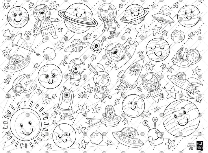 Coloriage géant de l'espace créé par PiCO Tatouages temporaires. Affiche géante à colorier. Dessins créés et imprimés au Québec. Planètes, étoiles, astronautes. / Giant space coloring poster created by PiCO Temporary Tattoos. Giant coloring poster. Designs created and printed in Canada. Planets, stars, astronauts.