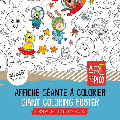 Coloriage géant de l'espace créé par PiCO Tatouages temporaires. Affiche géante à colorier. Dessins créés et imprimés au Québec. Planètes, étoiles, astronautes. / Giant space coloring poster created by PiCO Temporary Tattoos. Giant coloring poster. Designs created and printed in Canada. Planets, stars, astronauts.