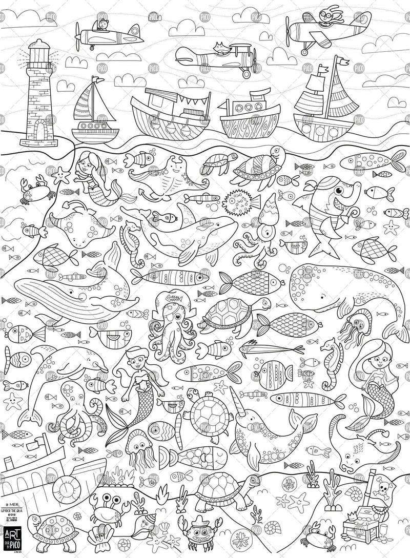 Coloriage géant de la mer créé par PiCO Tatouages temporaires. Affiche géante à colorier. Dessins créés et imprimés au Québec. Avions, bâteaux, poissons et créatures sous-marines à découvrir. / Giant under the sea coloring poster created by PiCO Temporary Tattoos. Giant coloring poster. Designs created and printed in Canada. Discover planes, boats, fish and underwater creatures.