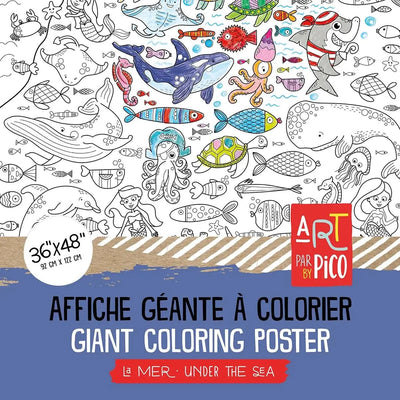 Coloriage géant de la mer créé par PiCO Tatouages temporaires. Affiche géante à colorier. Dessins créés et imprimés au Québec. Avions, bâteaux, poissons et créatures sous-marines à découvrir. / Giant under the sea coloring poster created by PiCO Temporary Tattoos. Giant coloring poster. Designs created and printed in Canada. Discover planes, boats, fish and underwater creatures.