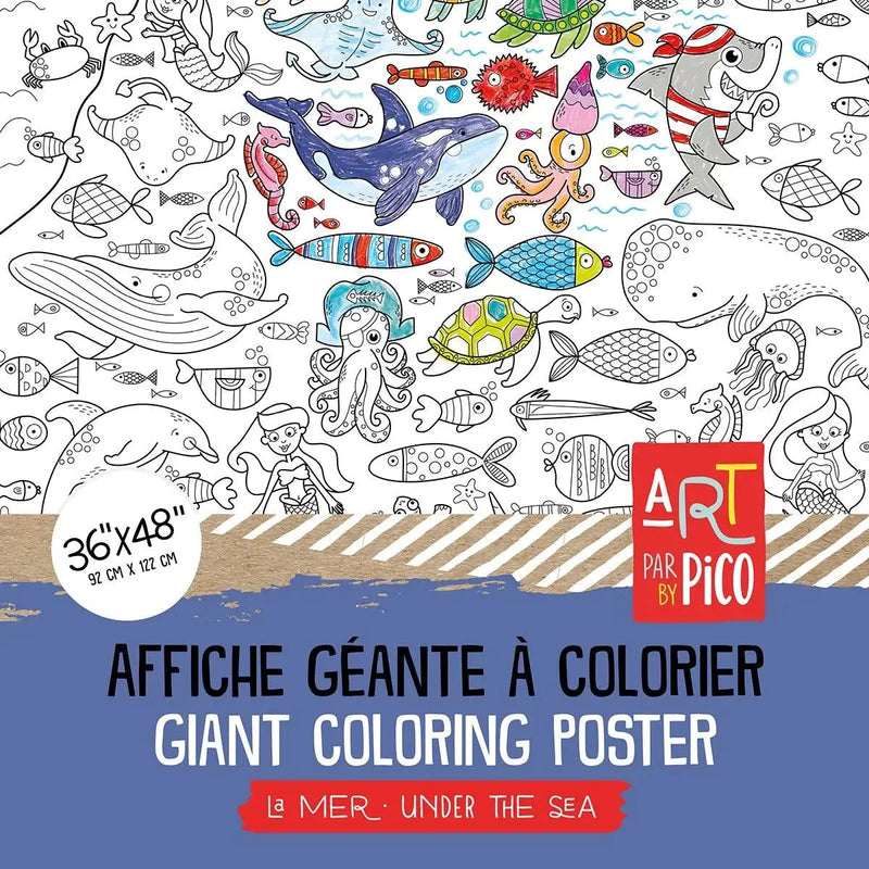 Coloriage géant de la mer créé par PiCO Tatouages temporaires. Affiche géante à colorier. Dessins créés et imprimés au Québec. Avions, bâteaux, poissons et créatures sous-marines à découvrir. / Giant under the sea coloring poster created by PiCO Temporary Tattoos. Giant coloring poster. Designs created and printed in Canada. Discover planes, boats, fish and underwater creatures.