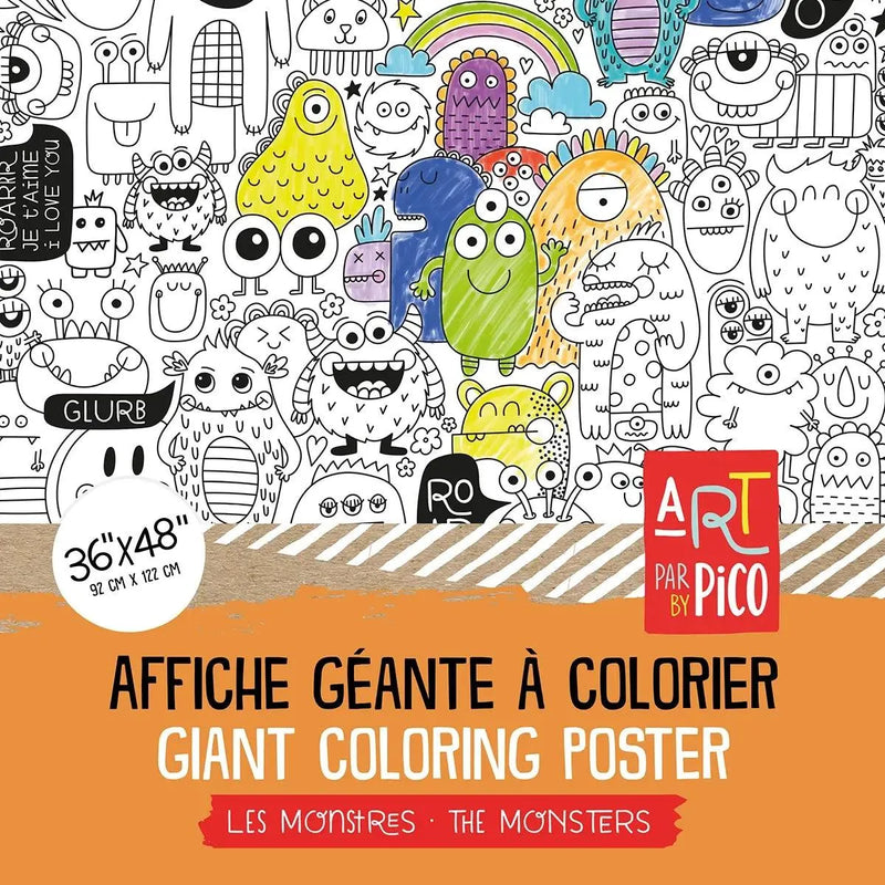 Coloriage géant des monstres créé par PiCO Tatouages temporaires. Affiche géante à colorier. Dessins créés et imprimés au Québec. Monstres sympathiques de tous les genres. /  Giant monster coloring poster created by PiCO Temporary Tattoos. Giant coloring poster. Designs created and printed in Canada. Friendly monsters of all kinds.