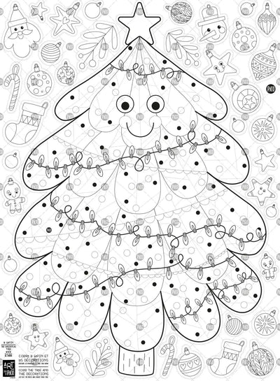 Coloriage et bricolage géant du sapin de Noël et ses décorations créé par PiCO Tatouages temporaires. Dessins créés et imprimés au Québec. Un sapin et de belles décorations à colorier et à découper. / Giant Christmas tree coloring poster and decorations created by PiCO Temporary Tattoos. Designs created and printed in Canada. A tree and beautiful decorations to color and cut out.