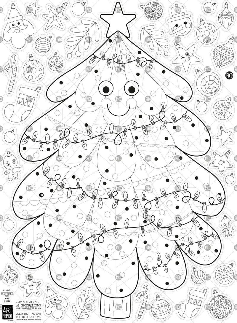 Coloriage et bricolage géant du sapin de Noël et ses décorations créé par PiCO Tatouages temporaires. Dessins créés et imprimés au Québec. Un sapin et de belles décorations à colorier et à découper. / Giant Christmas tree coloring poster and decorations created by PiCO Temporary Tattoos. Designs created and printed in Canada. A tree and beautiful decorations to color and cut out.