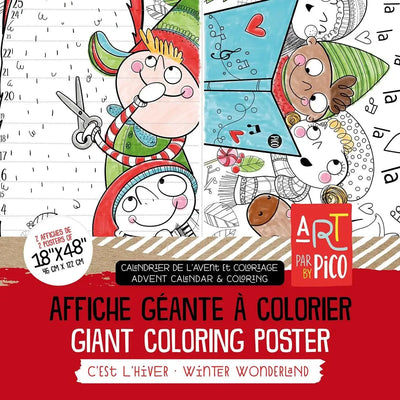 Coloriage géant d'un calendrier de l'avent à découper et d'un dessin de chorale créé par PiCO Tatouages temporaires. Affiche géante à colorier. Dessins créés et imprimés au Québec. Père-Noël et enfants chantant à la chorale extérieure de Noël. / Giant coloring of a cut-out advent calendar and a choir  Design created by PiCO Temporary Tattoos. Giant coloring poster. Designs created and printed in Canada. Santa and children singing at the outdoor Christmas choir.