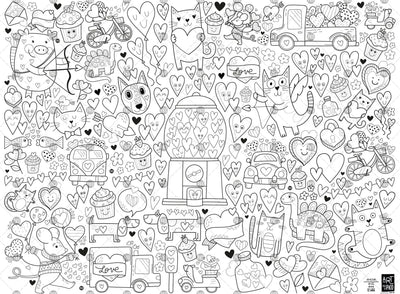 Coloriage géant de l'amour créé par PiCO Tatouages temporaires. Affiche géante à colorier. Dessins créés et imprimés au Québec. Différents animaux et véhicules pour la St-Valentin. / Giant love coloring poster created by PiCO Temporary Tattoos. Giant coloring poster. Designs created and printed in Canada. Various animals and vehicles for Valentine's Day.