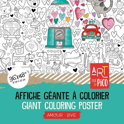 Coloriage géant de l'amour créé par PiCO Tatouages temporaires. Affiche géante à colorier. Dessins créés et imprimés au Québec. Différents animaux et véhicules pour la St-Valentin. / Giant love coloring poster created by PiCO Temporary Tattoos. Giant coloring poster. Designs created and printed in Canada. Various animals and vehicles for Valentine's Day.