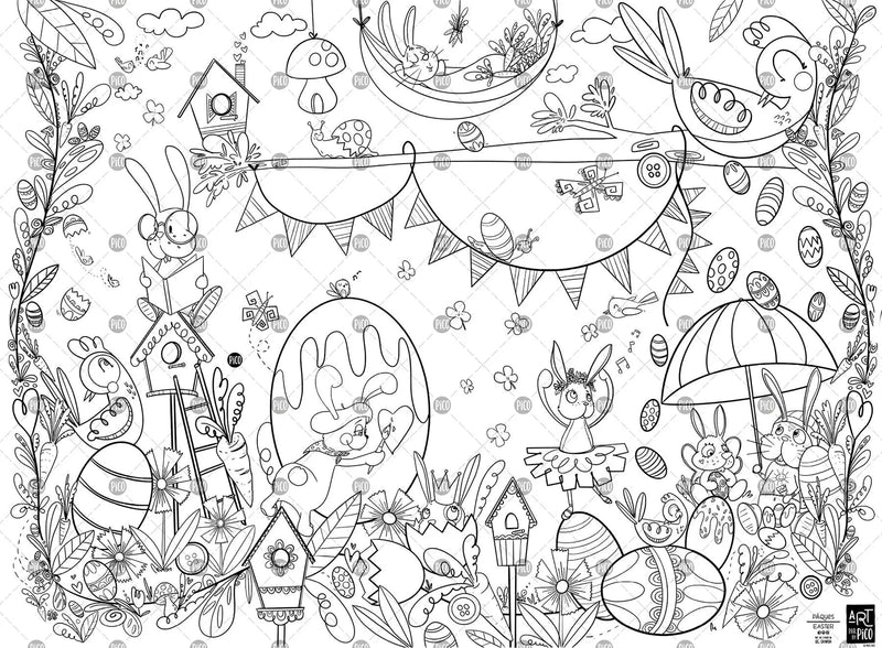 Coloriage géant de Pâques créé par PiCO Tatouages temporaires. Affiche géante à colorier. Dessins créés et imprimés au Québec. Les lapins aiment créer et peindre les oeufs de Pâques. / Giant Easter coloring poster created by PiCO Temporary Tattoos. Giant coloring poster. Designs created and printed in Canada. Bunnies love to create and paint Easter eggs.