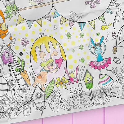 Coloriage géant de Pâques créé par PiCO Tatouages temporaires. Affiche géante à colorier. Dessins créés et imprimés au Québec. Les lapins aiment créer et peindre les oeufs de Pâques. / Giant Easter coloring poster created by PiCO Temporary Tattoos. Giant coloring poster. Designs created and printed in Canada. Bunnies love to create and paint Easter eggs.