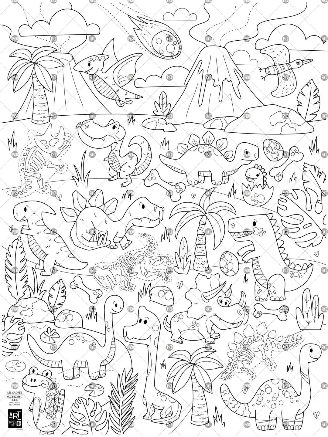 Coloriage géant Les dinosaures, créé par PiCO Tatouages temporaires. Affiche géante à colorier. Dessins créés et imprimés au Québec. Dinosaures, volcans, fossiles et autres dessins sympathiques. / Giant dinosaur coloring poster created by PiCO Temporary Tattoos. Giant coloring poster. Designs created and printed in Quebec. Dinosaurs, fossils, volcanoes and other cool designs.