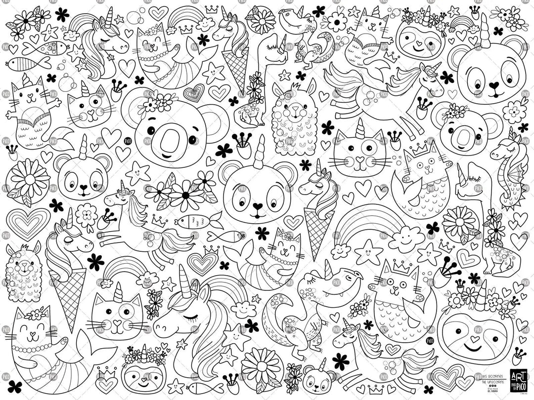 Coloriage géant La licornerie avec chat et sirènes ! Un cadeau original pour stimuler la créativité.  Design québécois. Impression réalisée au Québec. / Giant unicorn coloring poster with cats and mermaids! An original gift to stimulate creativity.  Quebec design. Printed in Quebec.