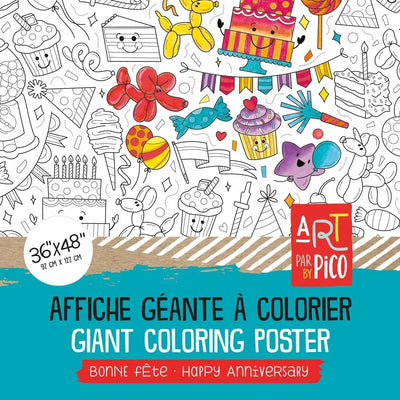 Coloriage géant anniversaire créé par PiCO Tatouages temporaires. Affiche géante à colorier. Dessins créés et imprimés au Québec. Ballons, gâteaux, cupcakes et confettis. / Giant birthday coloring poster created by PiCO Temporary Tattoos. Giant coloring poster. Drawings created and printed in Quebec. Balloons, cakes, cupcakes and confetti.