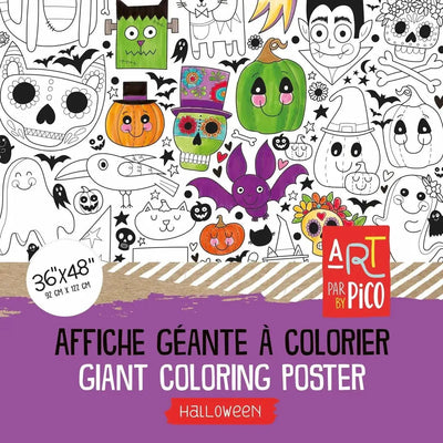 Coloriage géant Halloween créé par PiCO Tatouages temporaires. Affiche géante à colorier. Dessins créés et imprimés au Québec. Sorcières, citrouilles, fantômes et autres personnages. / Giant Halloween coloring poster created by PiCO Temporary Tattoos. Giant coloring poster. Designs created and printed in Canada. Witches, pumpkins, ghosts and other characters.