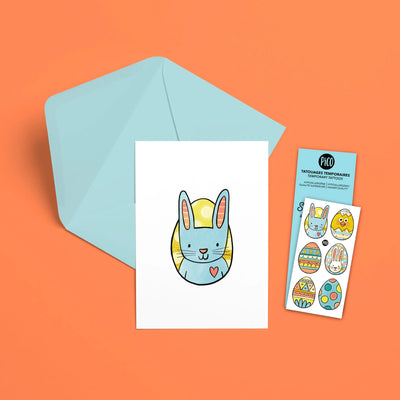 Carte de souhaits, Le lapins de Pâques, de la compagnie PiCO Tatoo, conçue et imprimée au Québec.