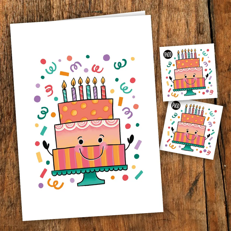Carte de souhaits Bonne fête par PiCO Tatouages temporaires. Les cartes sont imprimées au Québec /  Happy Birthday greeting card by PiCO Temporary Tattoos. Cards are printed in Canada