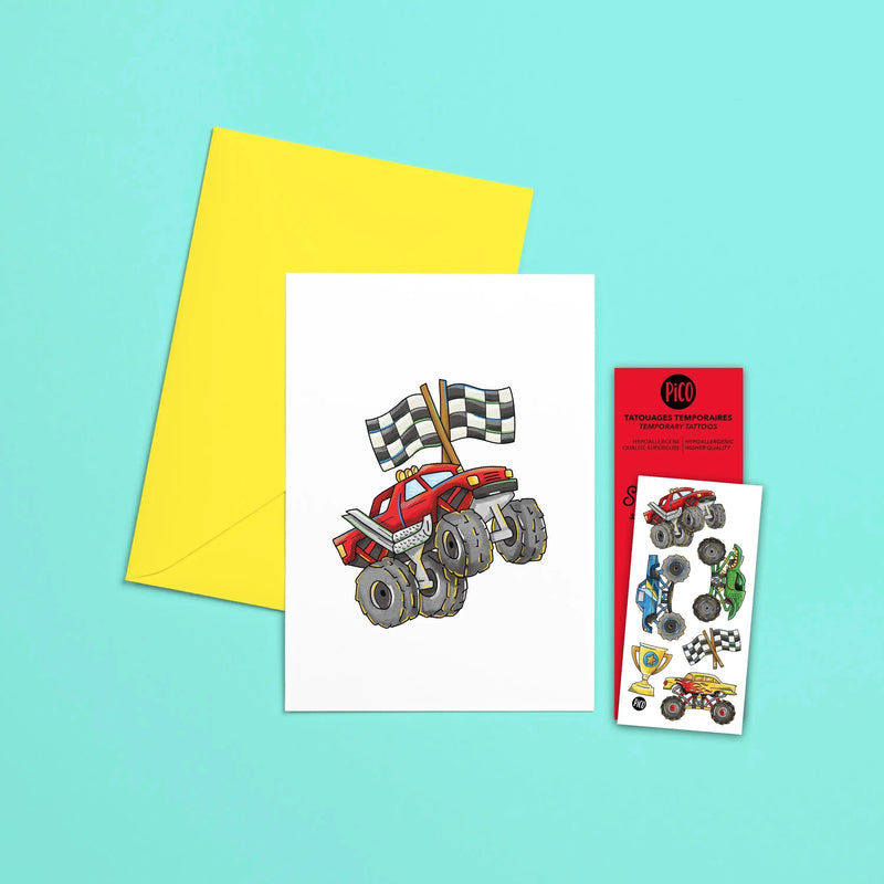 Carte de souhaits Les camions monstres par PiCO Tatouages temporaires. Les cartes sont imprimées au Québec. / Monster trucks greeting card by PiCO Temporary Tattoos. Cards are printed in Canada.