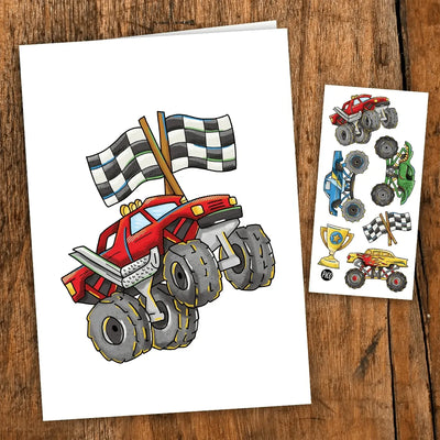 Carte de souhaits Les camions monstres par PiCO Tatouages temporaires. Les cartes sont imprimées au Québec. / Monster trucks greeting card by PiCO Temporary Tattoos. Cards are printed in Canada.