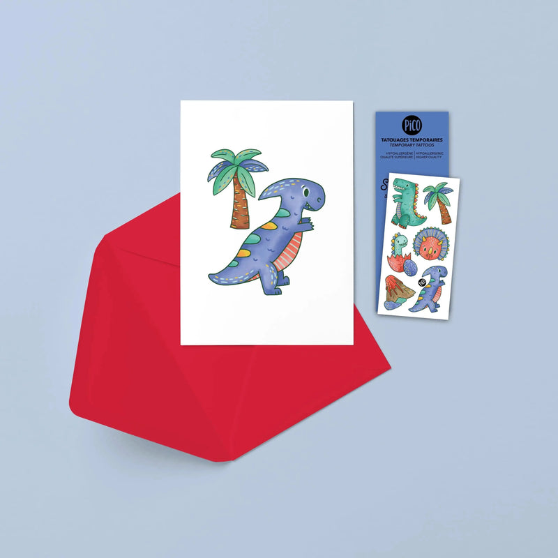 Carte de souhaits le tyrannosaures par PiCO Tatouages temporaires. Les cartes sont imprimées au Québec. / Tyrannosaurus rex greeting card by PiCO Tatoo. Cards are printed in Quebec.