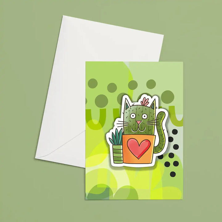 Carte de souhaits avec texture aux motifs botaniques et autocollant en vinyle Chat-cactus, format 4,5 x 6,25 po
Greeting card with botanical patterned texture and Cactus-Cat vinyl sticker, 4.5 x 6.25 in format