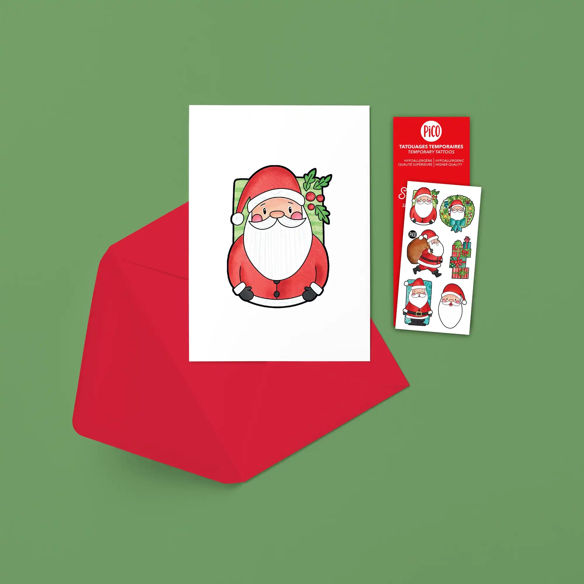 Carte de Noël pour enfant avec Père Noël et tatouage temporaire à motif de cadeaux

Christmas card for kids featuring Santa Claus and a temporary tattoo with gift themed design
