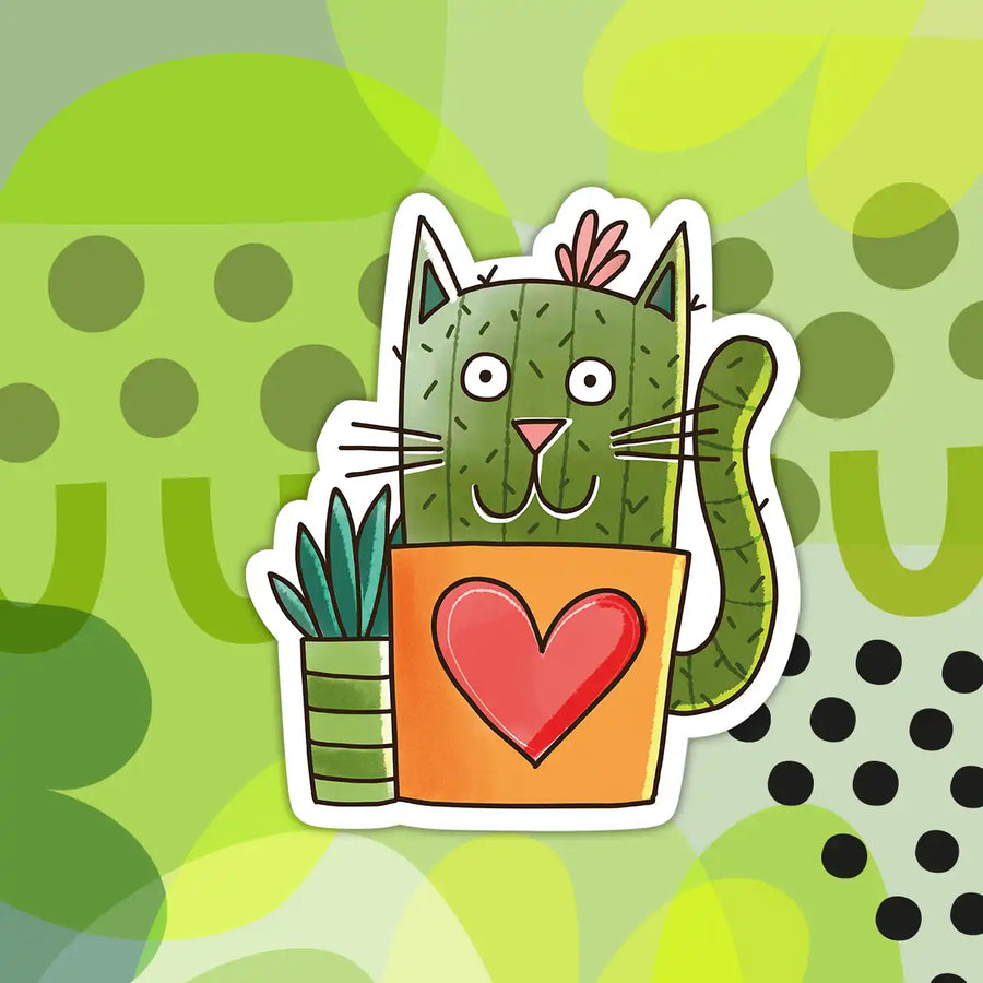 Autocollant en vinyle illustrant un chat assis dans un cactus, style graphique coloré
Vinyl sticker featuring a cute cat sitting in a cactus, colorful graphic style
