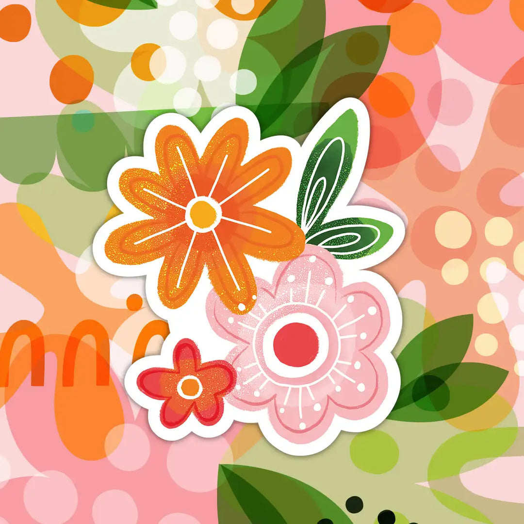 Autocollant en vinyle fleurs aux couleurs vives sur fond blanc 
Colorful floral vinyl sticker on white background