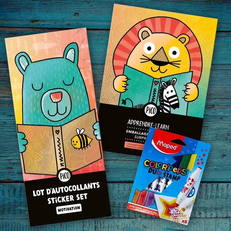Ensemble promo pour la rentrés des classes comprenant des autocollants de motivation, des tatouages scolaires et des crayon feutres estampes offert par PICO tatouages temporaires 