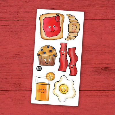 lot promotionnel de 6 tatouages thématique de nourriture ainsi que 4 autocollants produit au québec par pico tatouages temporaires / promotional lot of 6 food themed tattoos as well as 4 stickers produced in Quebec by pico temporary tattoos