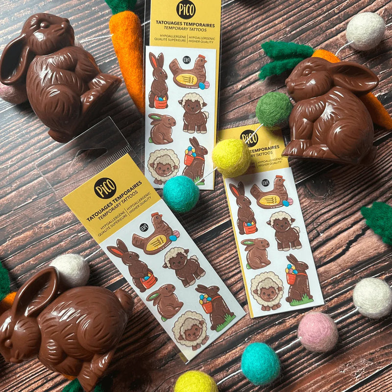 Tatouages temporaires des lapins et animaux en chocolat par PiCO Tatouages temporaires fait au Québec / Temporary tattoos of chocolate bunnies and animals  by PiCO Tatoo. Made in Quebec.